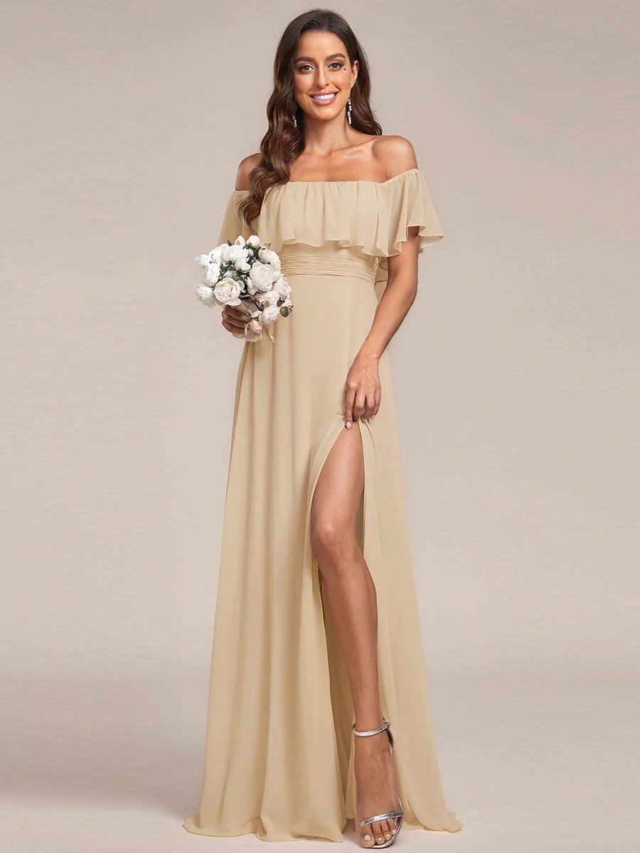 Off the Shoulder Ruffle Bodice Long Flowy Chiffon Bridesmaid Dress #color_Champagne