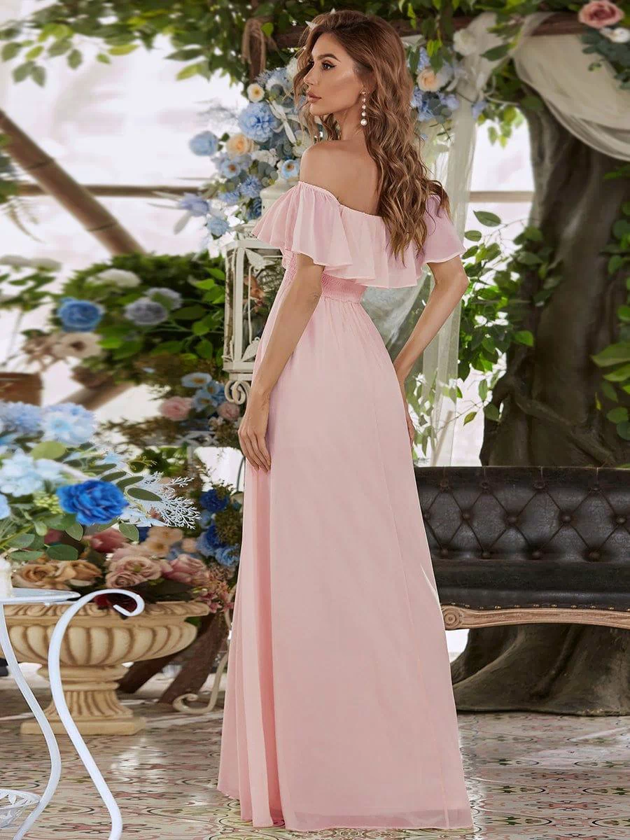 Off the Shoulder Ruffle Bodice Long Flowy Chiffon Bridesmaid Dress #color_Pink 