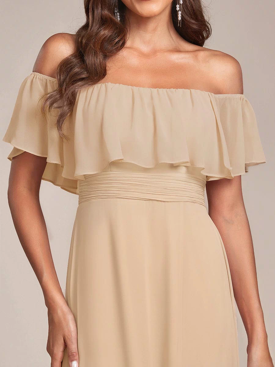 Off the Shoulder Ruffle Bodice Long Flowy Chiffon Bridesmaid Dress #color_Champagne
