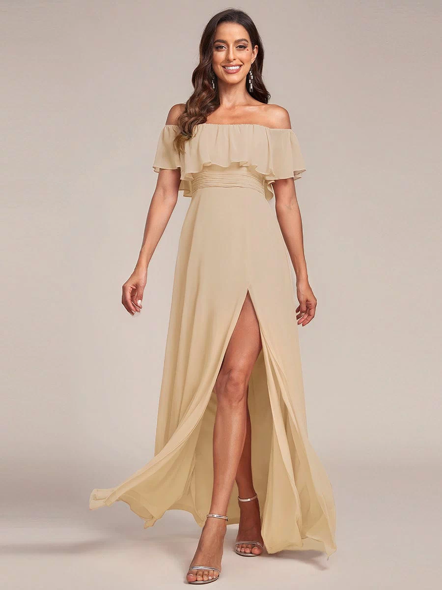 Off the Shoulder Ruffle Bodice Long Flowy Chiffon Bridesmaid Dress #color_Champagne