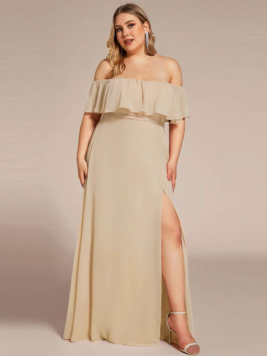 Off the Shoulder Ruffle Bodice Long Flowy Chiffon Bridesmaid Dress #color_Champagne