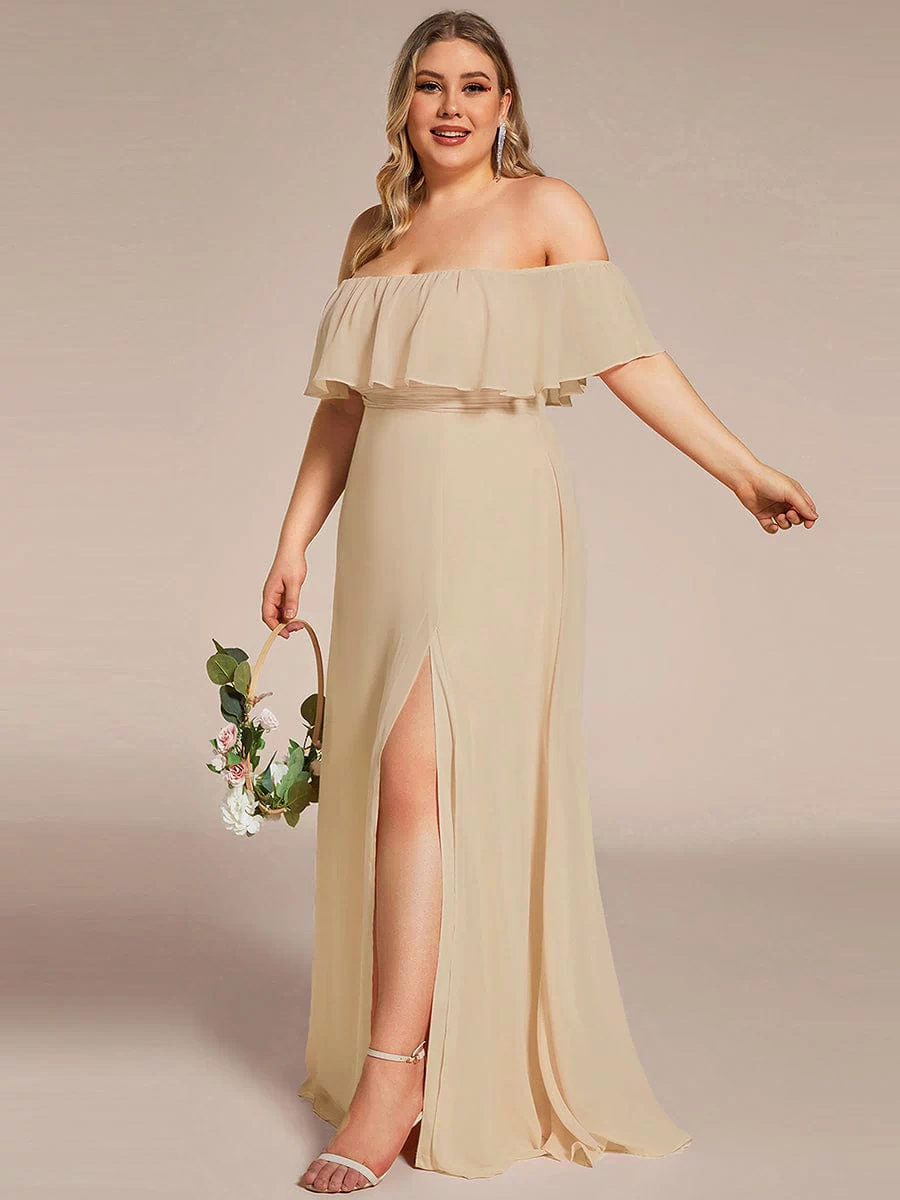Off the Shoulder Ruffle Bodice Long Flowy Chiffon Bridesmaid Dress #color_Champagne