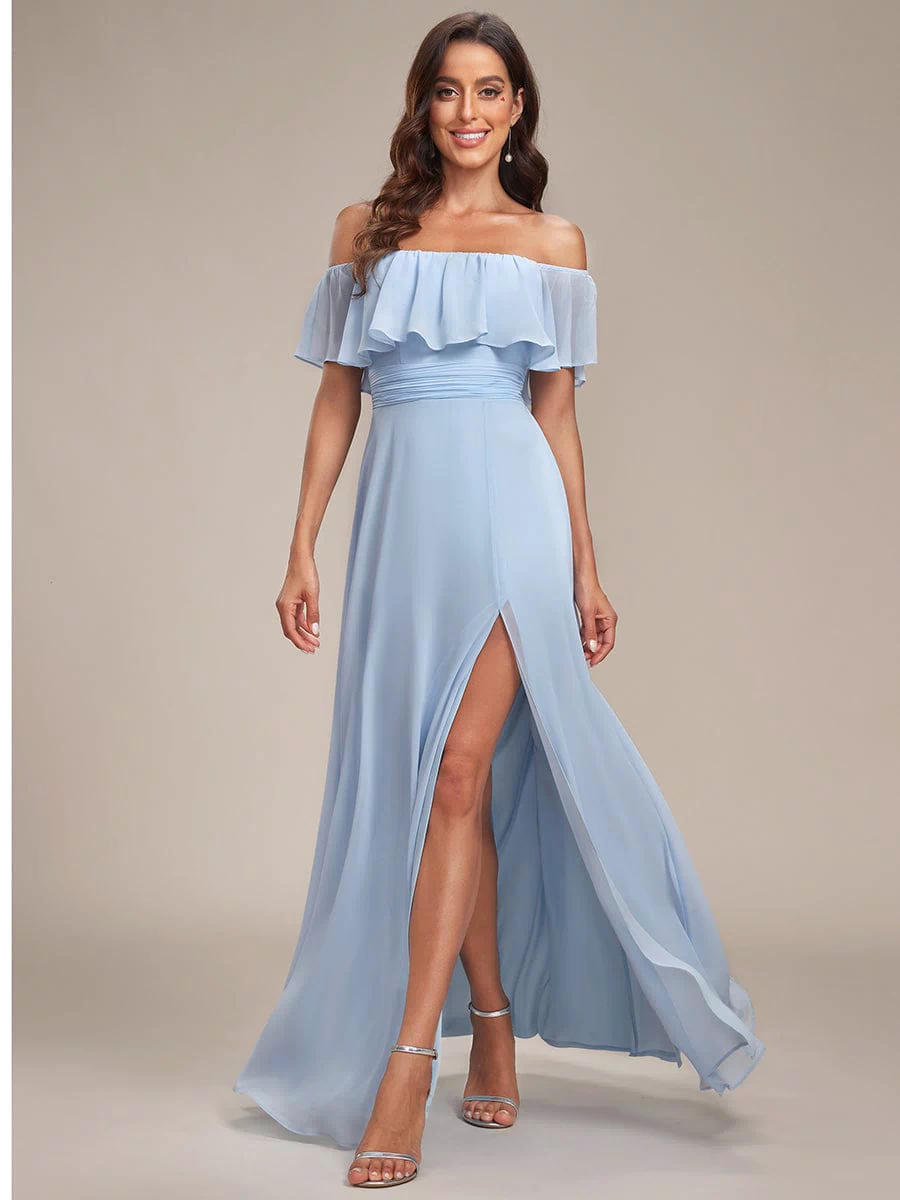 Off the Shoulder Ruffle Bodice Long Flowy Chiffon Bridesmaid Dress #color_Sky Blue