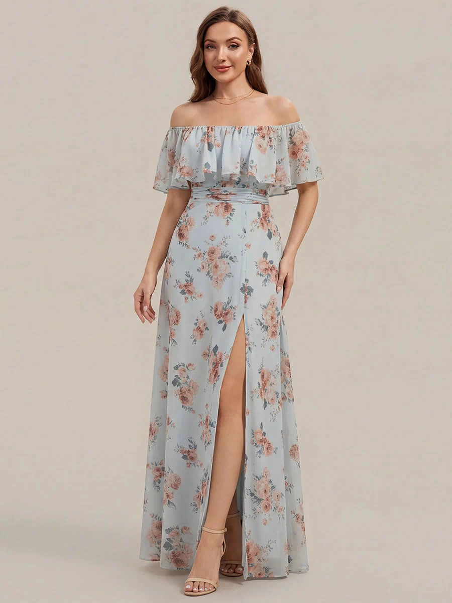 Off the Shoulder Ruffle Bodice Long Flowy Chiffon Bridesmaid Dress #color_Amber Bloom