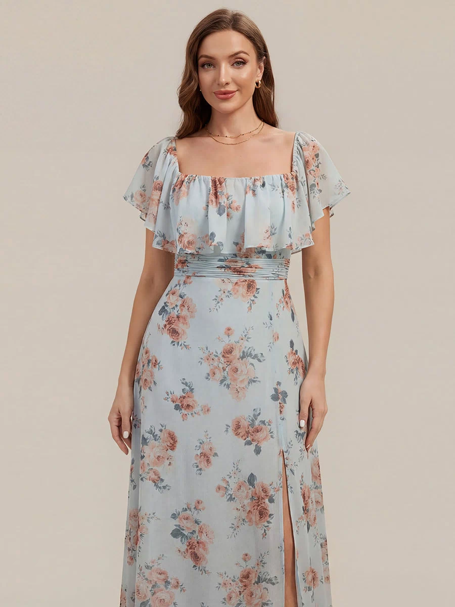 Off the Shoulder Ruffle Bodice Long Flowy Chiffon Bridesmaid Dress #color_Amber Bloom