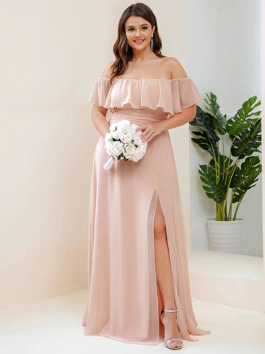 Off the Shoulder Ruffle Bodice Long Flowy Chiffon Bridesmaid Dress #color_Pink 