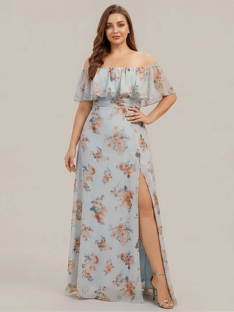 Off the Shoulder Ruffle Bodice Long Flowy Chiffon Bridesmaid Dress #color_Amber Bloom