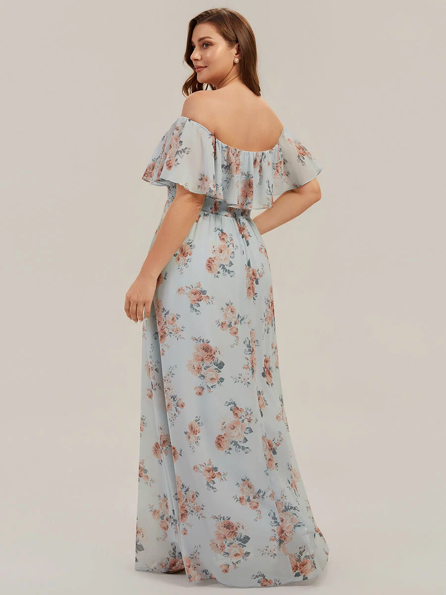 Off the Shoulder Ruffle Bodice Long Flowy Chiffon Bridesmaid Dress #color_Amber Bloom