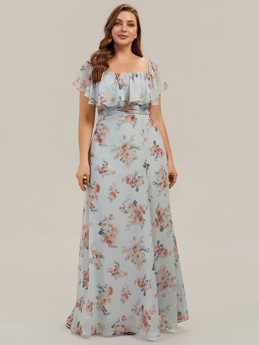 Off the Shoulder Ruffle Bodice Long Flowy Chiffon Bridesmaid Dress #color_Amber Bloom