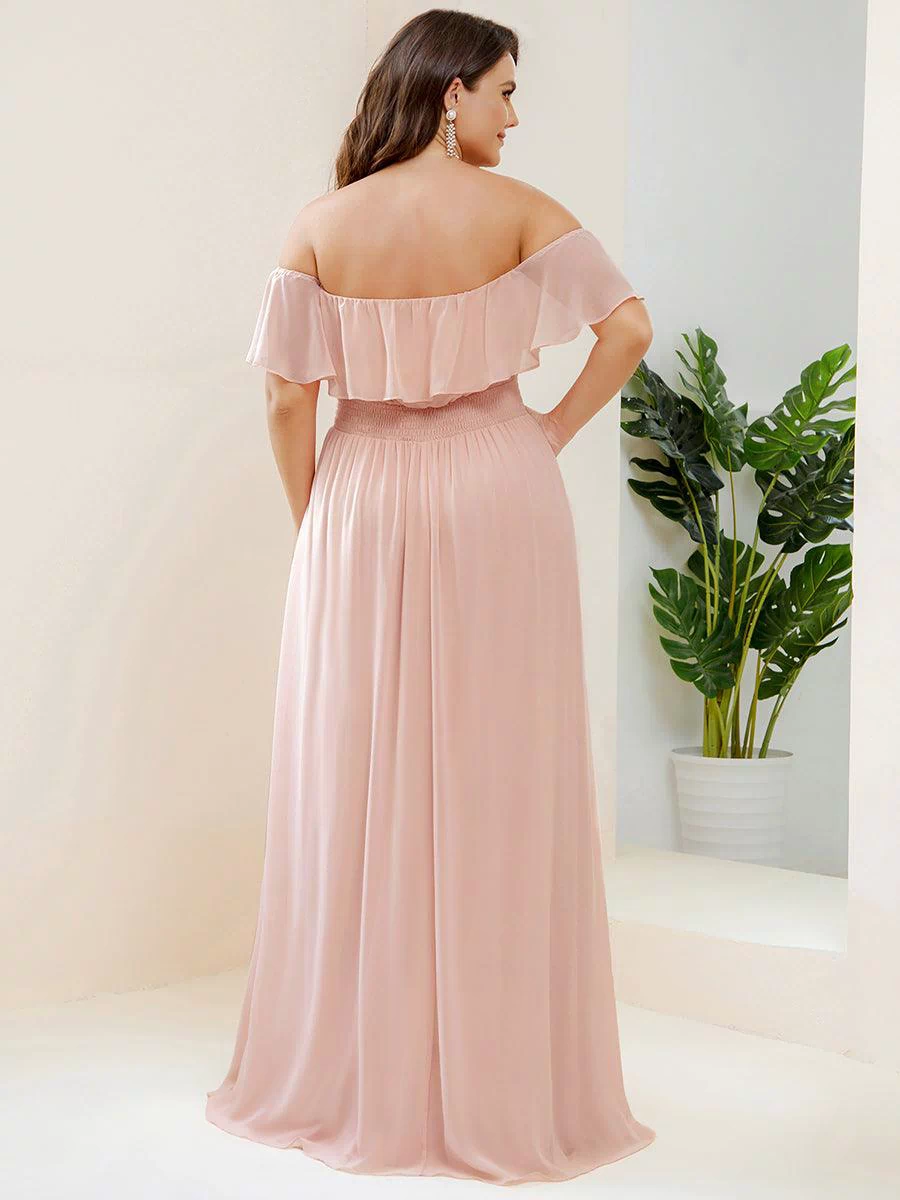 Off the Shoulder Ruffle Bodice Long Flowy Chiffon Bridesmaid Dress #color_Pink 
