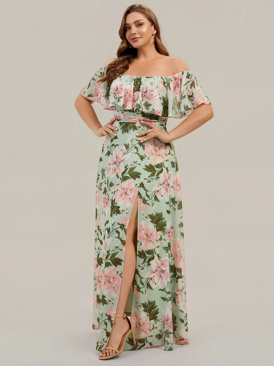 Off the Shoulder Ruffle Bodice Long Flowy Chiffon Bridesmaid Dress #color_Light Green Floral