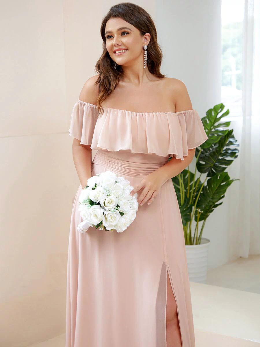 Off the Shoulder Ruffle Bodice Long Flowy Chiffon Bridesmaid Dress #color_Pink 