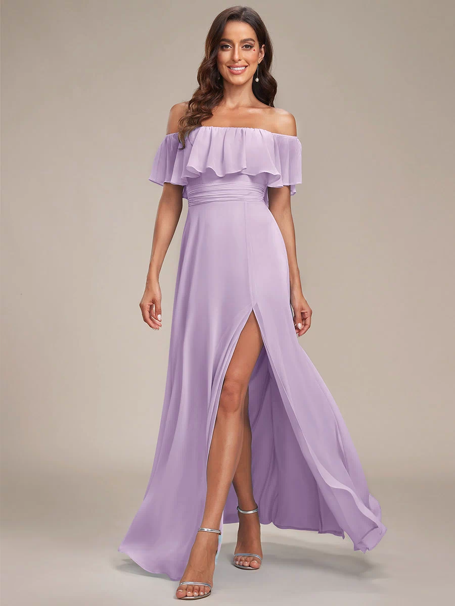 Off the Shoulder Ruffle Bodice Long Flowy Chiffon Bridesmaid Dress #color_Frosted Lilac