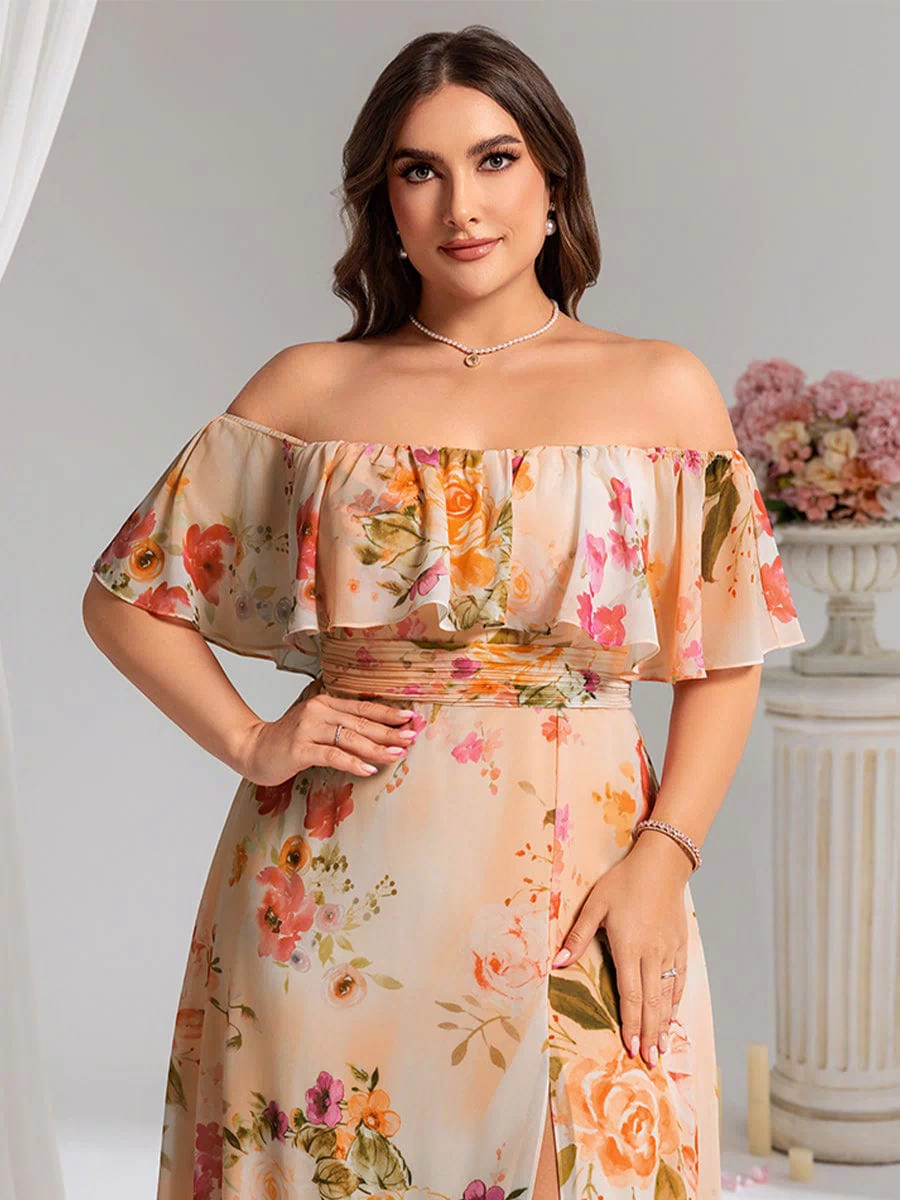 Off the Shoulder Ruffle Bodice Long Flowy Chiffon Bridesmaid Dress #color_Peach Fuzz