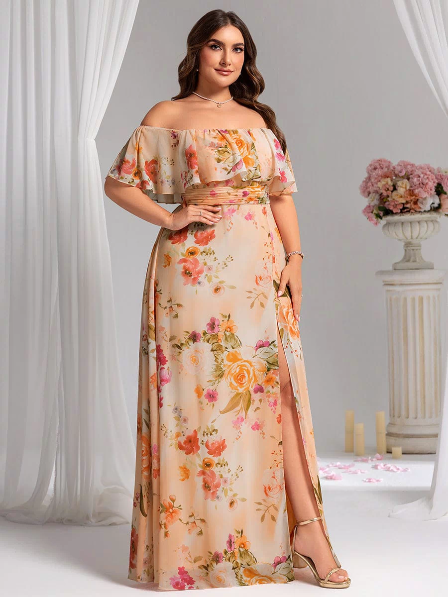 Off the Shoulder Ruffle Bodice Long Flowy Chiffon Bridesmaid Dress #color_Peach Fuzz