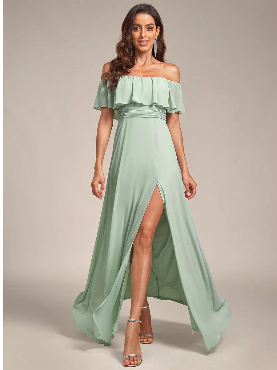 Off the Shoulder Ruffle Bodice Long Flowy Chiffon Bridesmaid Dress #color_Mint Green 