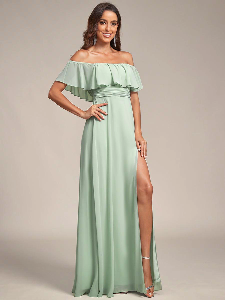 Off the Shoulder Ruffle Bodice Long Flowy Chiffon Bridesmaid Dress #color_Mint Green 