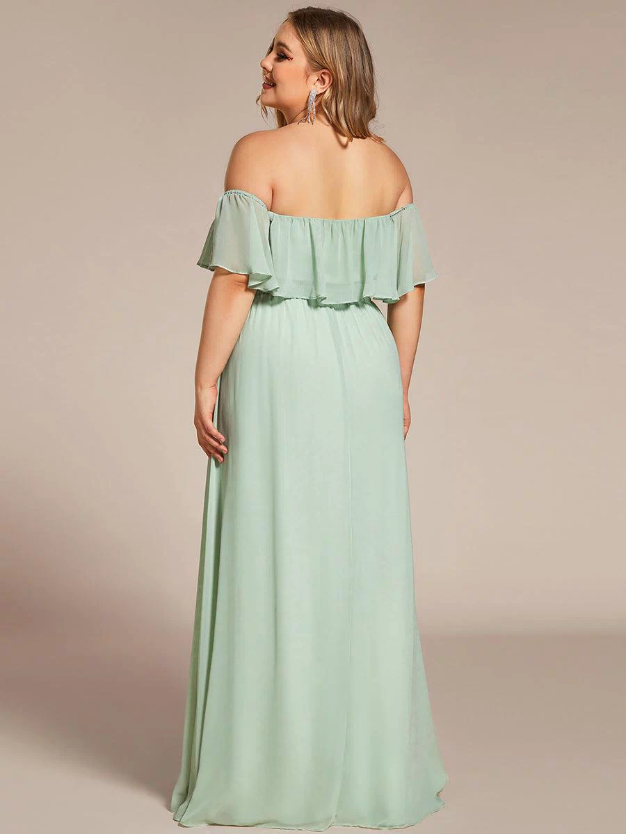 Off the Shoulder Ruffle Bodice Long Flowy Chiffon Bridesmaid Dress #color_Mint Green 