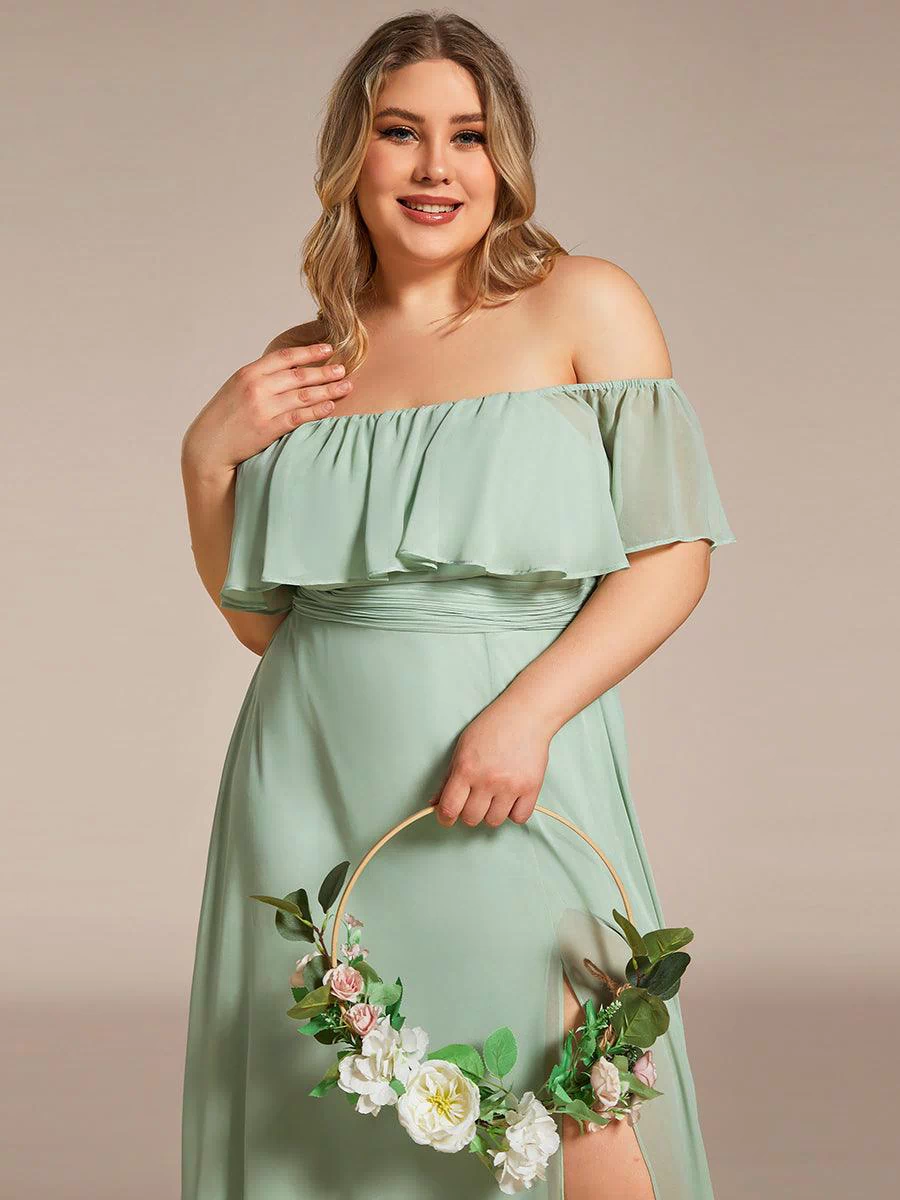 Off the Shoulder Ruffle Bodice Long Flowy Chiffon Bridesmaid Dress #color_Mint Green 