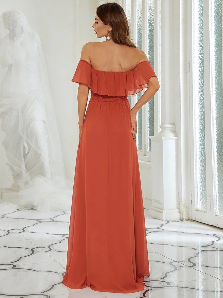 Off the Shoulder Ruffle Bodice Long Flowy Chiffon Bridesmaid Dress #color_Burnt Orange 