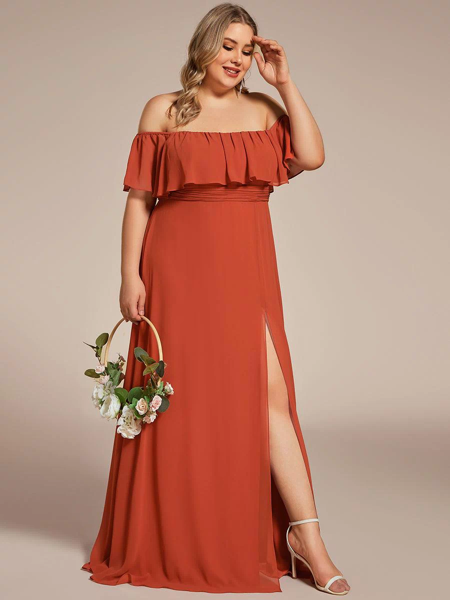 Off the Shoulder Ruffle Bodice Long Flowy Chiffon Bridesmaid Dress #color_Burnt Orange 