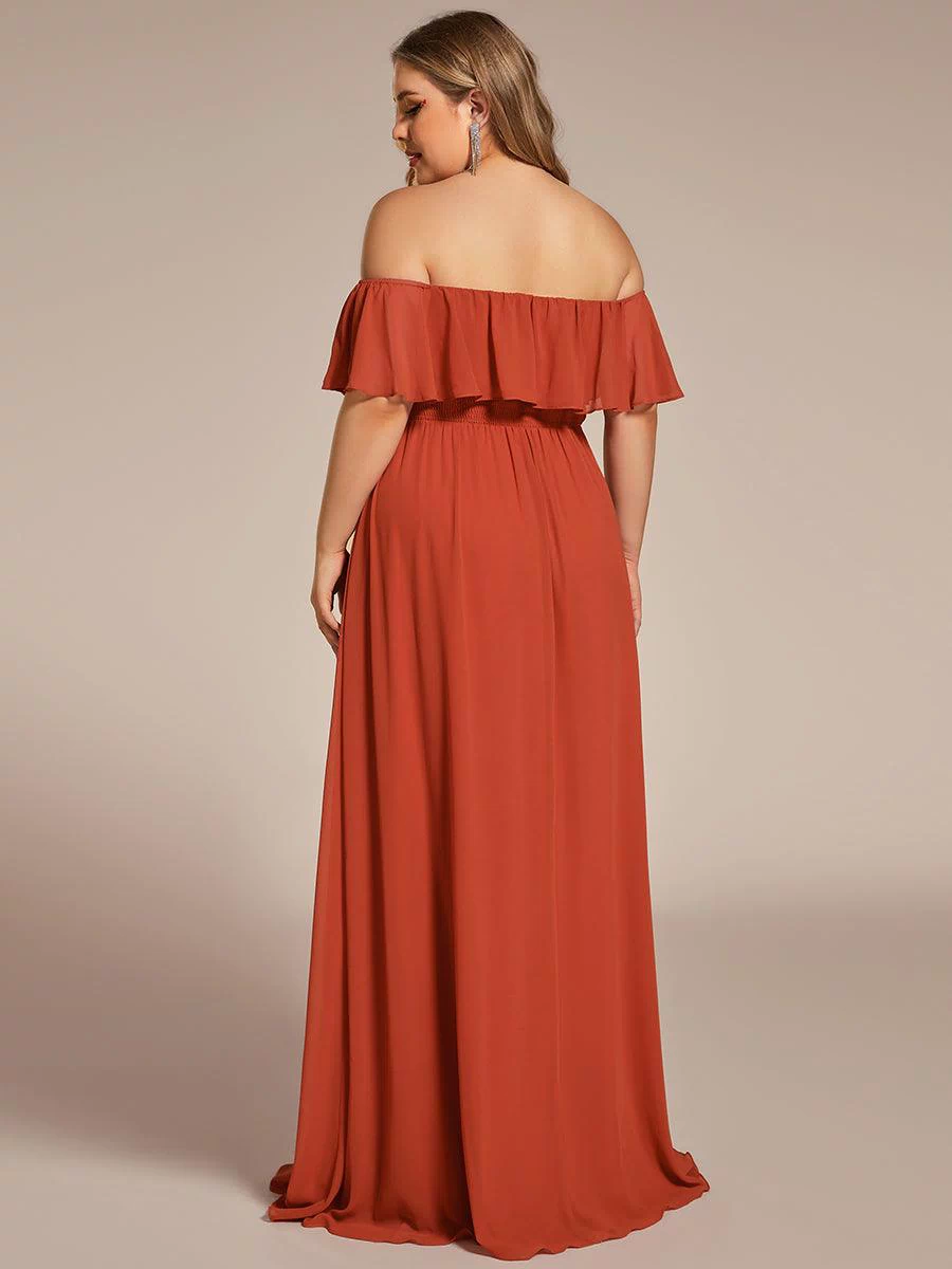 Off the Shoulder Ruffle Bodice Long Flowy Chiffon Bridesmaid Dress #color_Burnt Orange 