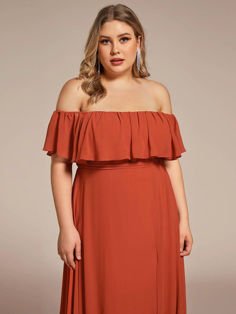 Off the Shoulder Ruffle Bodice Long Flowy Chiffon Bridesmaid Dress #color_Burnt Orange 
