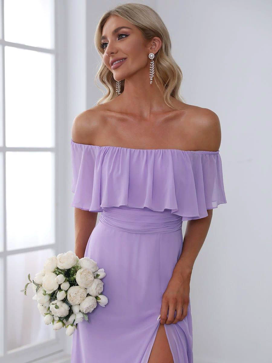 Off the Shoulder Ruffle Bodice Long Flowy Chiffon Bridesmaid Dress #color_Lavender 