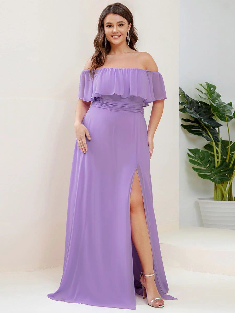 Off the Shoulder Ruffle Bodice Long Flowy Chiffon Bridesmaid Dress #color_Lavender 