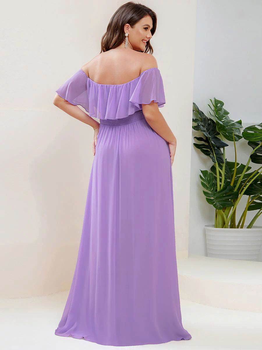 Off the Shoulder Ruffle Bodice Long Flowy Chiffon Bridesmaid Dress #color_Lavender 