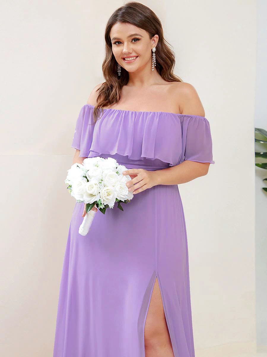 Off the Shoulder Ruffle Bodice Long Flowy Chiffon Bridesmaid Dress #color_Lavender 