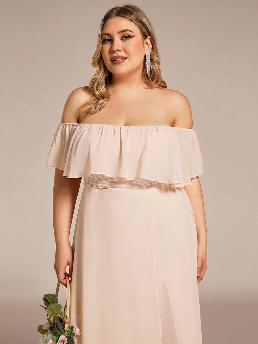 Off the Shoulder Ruffle Bodice Long Flowy Chiffon Bridesmaid Dress #color_Blush