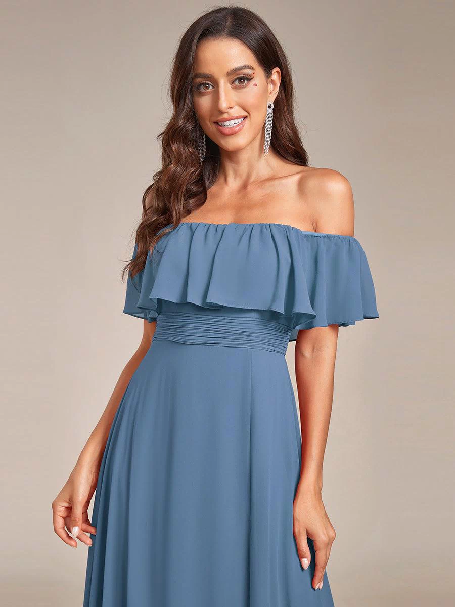 Off the Shoulder Ruffle Bodice Long Flowy Chiffon Bridesmaid Dress #color_Dusty Blue