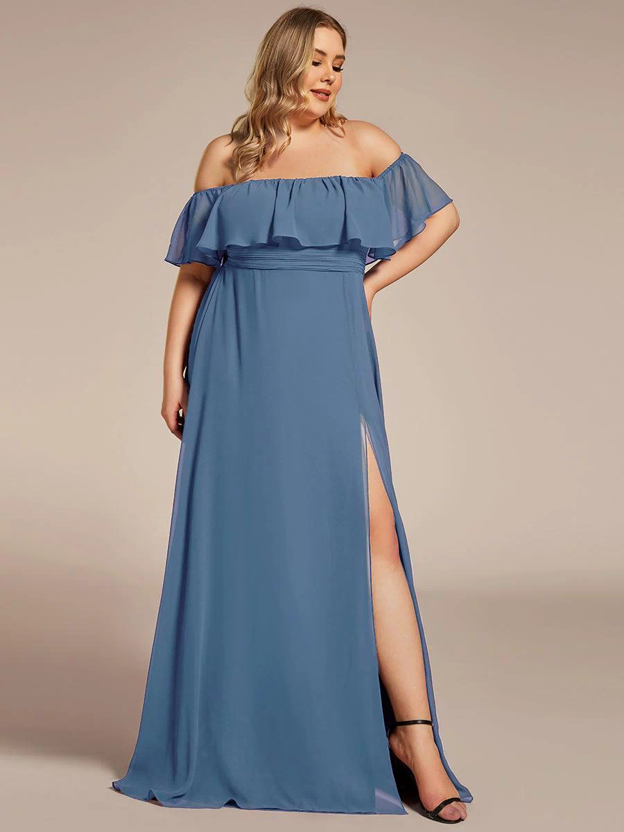 Off the Shoulder Ruffle Bodice Long Flowy Chiffon Bridesmaid Dress #color_Dusty Blue