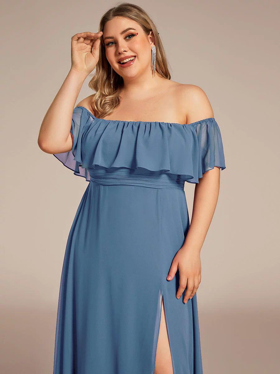 Off the Shoulder Ruffle Bodice Long Flowy Chiffon Bridesmaid Dress #color_Dusty Blue