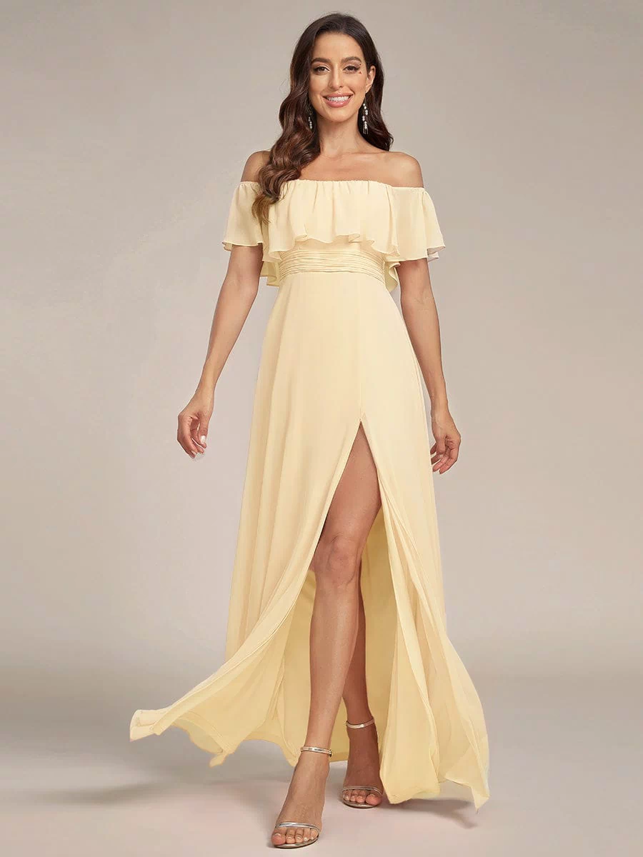 Off the Shoulder Ruffle Bodice Long Flowy Chiffon Bridesmaid Dress #color_Yellow
