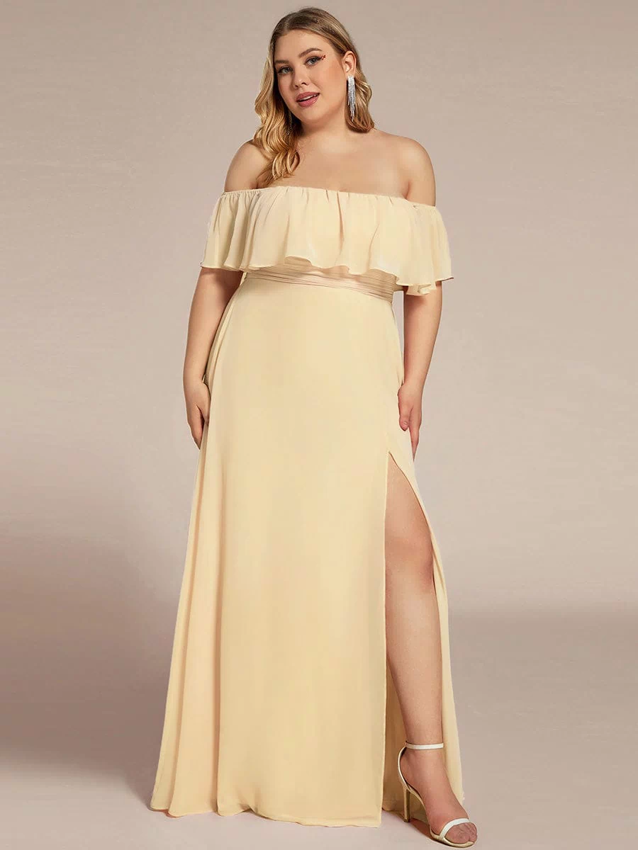 Off the Shoulder Ruffle Bodice Long Flowy Chiffon Bridesmaid Dress #color_Yellow