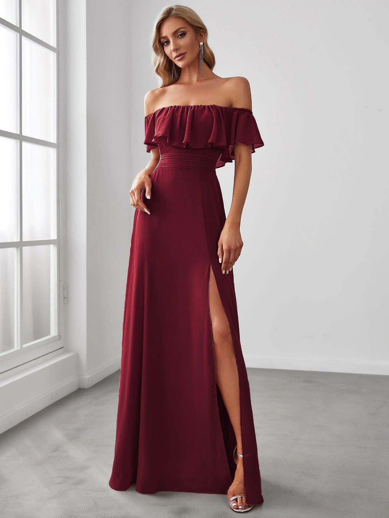 Off the Shoulder Ruffle Bodice Long Flowy Chiffon Bridesmaid Dress #color_Burgundy