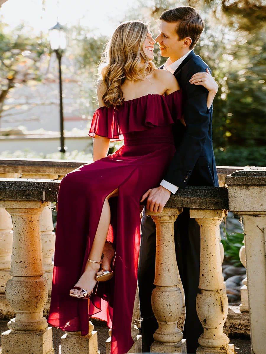 Off the Shoulder Ruffle Bodice Long Flowy Chiffon Bridesmaid Dress #color_Burgundy