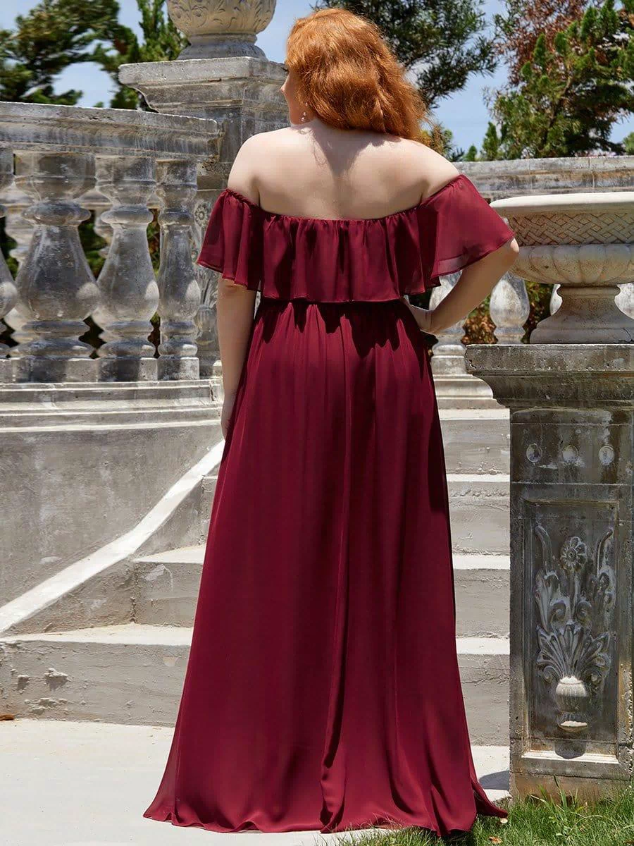 Off the Shoulder Ruffle Bodice Long Flowy Chiffon Bridesmaid Dress #color_Burgundy