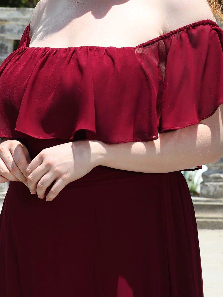 Off the Shoulder Ruffle Bodice Long Flowy Chiffon Bridesmaid Dress #color_Burgundy
