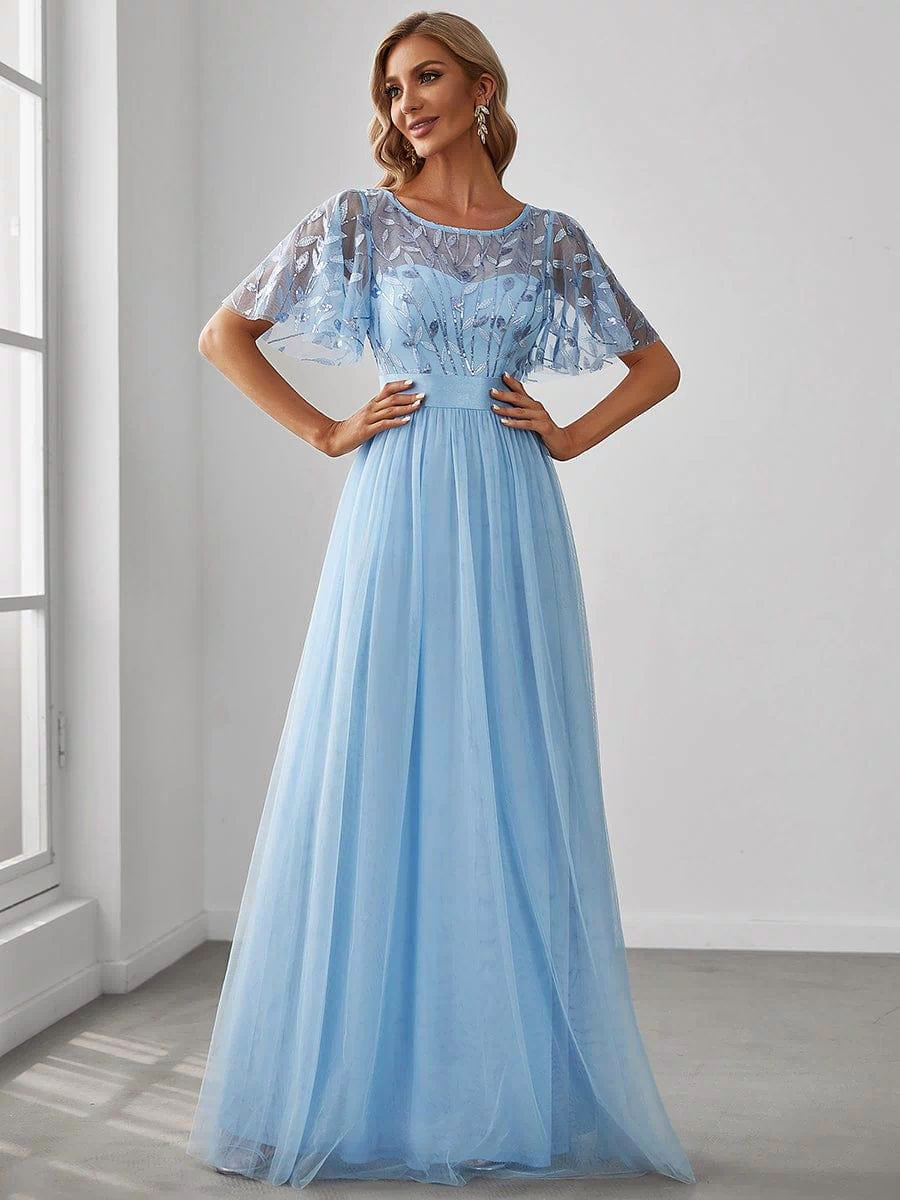 ever SAPHIR|Women's A-Line Sequin Leaf Maxi Prom Dress with Sleeves