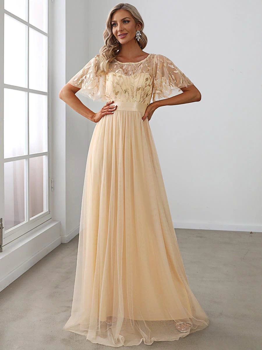 Women's A-Line Sequin Leaf Maxi Prom Dress with Sleeves #color_Gold