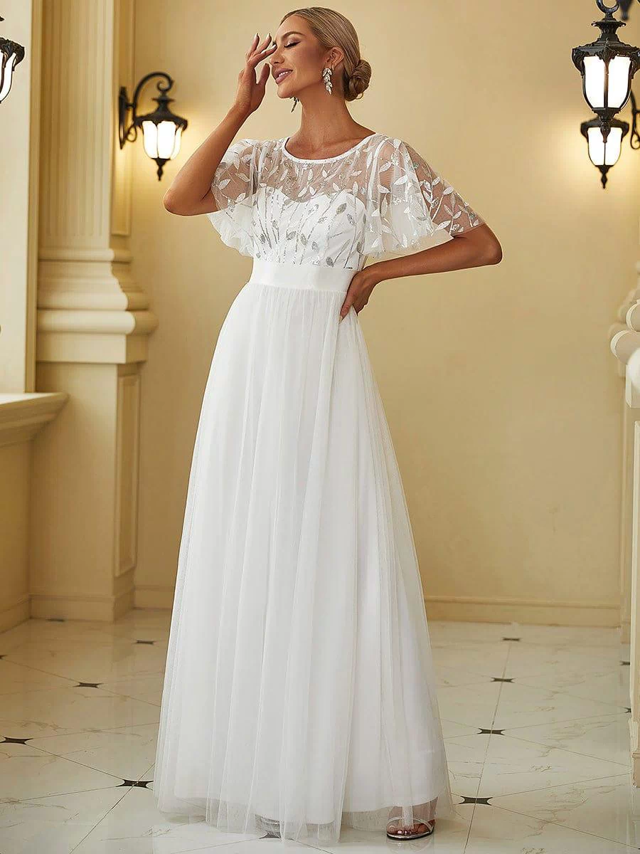 Women's A-Line Sequin Leaf Maxi Prom Dress with Sleeves #color_White