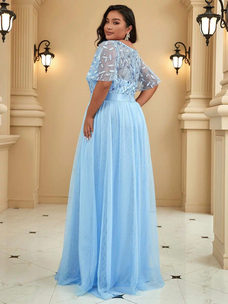 Women's A-Line Sequin Leaf Maxi Prom Dress with Sleeves #color_Sky Blue