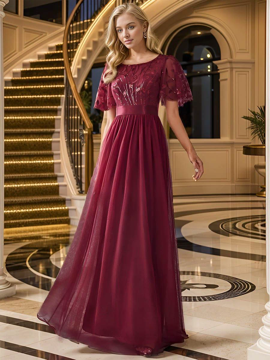 Women's A-Line Sequin Leaf Maxi Prom Dress with Sleeves #color_Burgundy