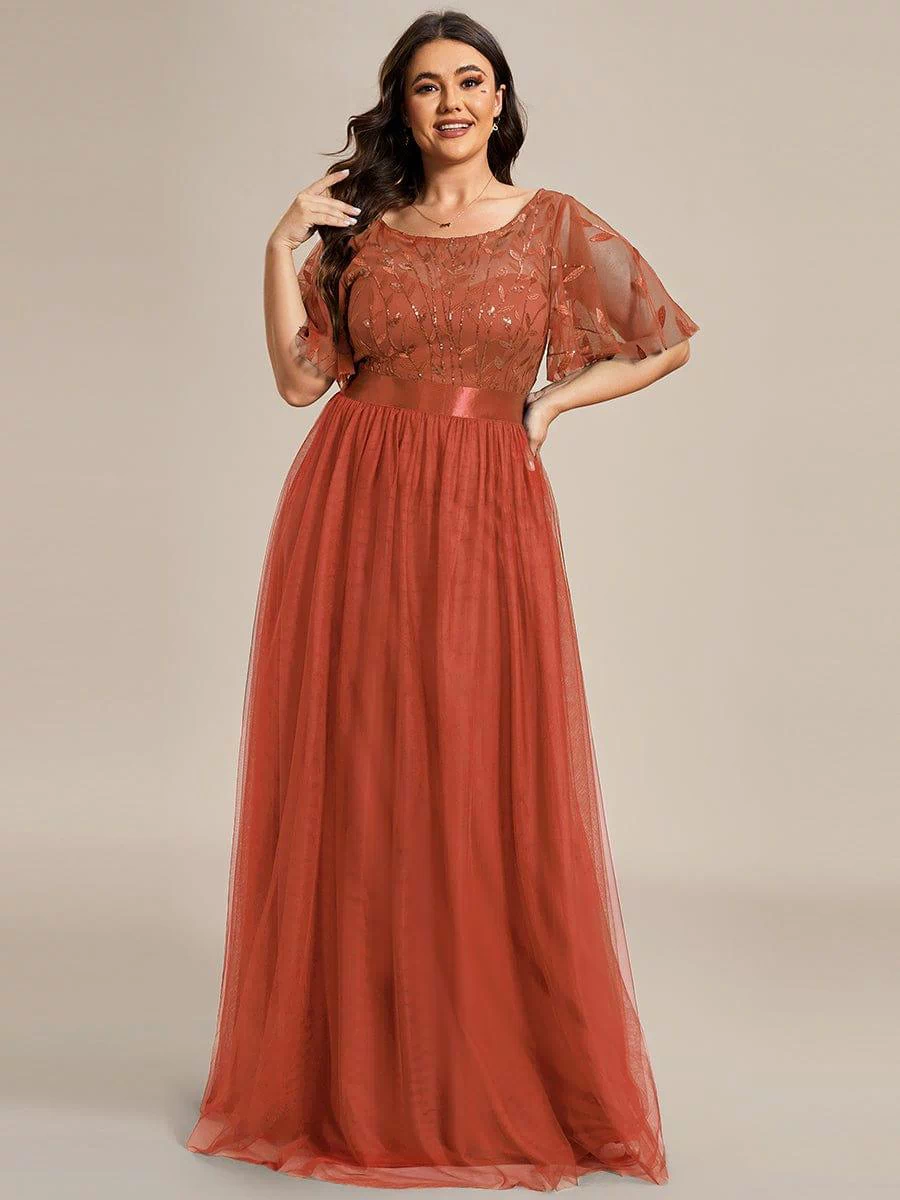 Women's A-Line Sequin Leaf Maxi Prom Dress with Sleeves #color_Burnt Orange