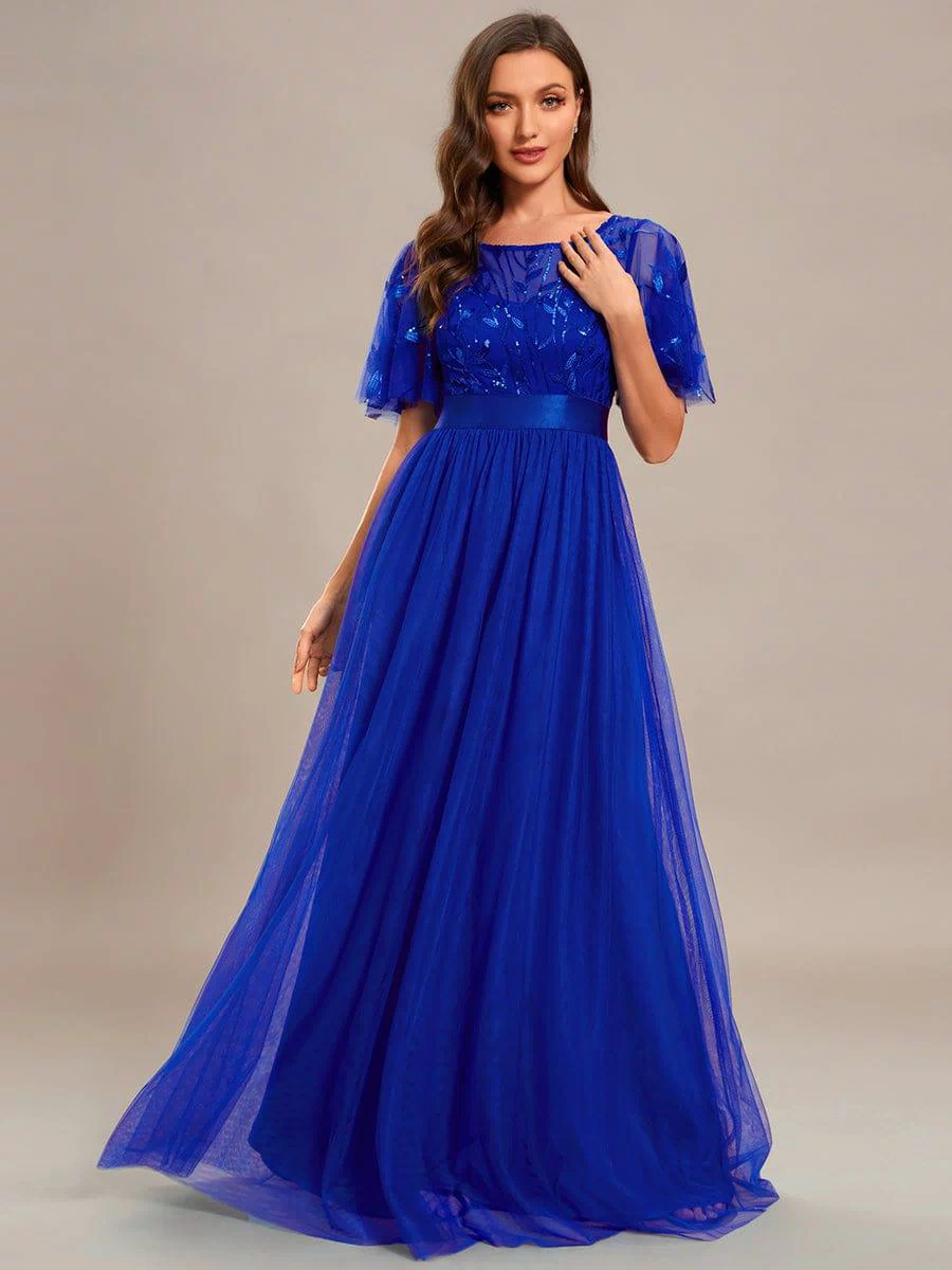 Women's A-Line Sequin Leaf Maxi Prom Dress with Sleeves #color_Sapphire Blue