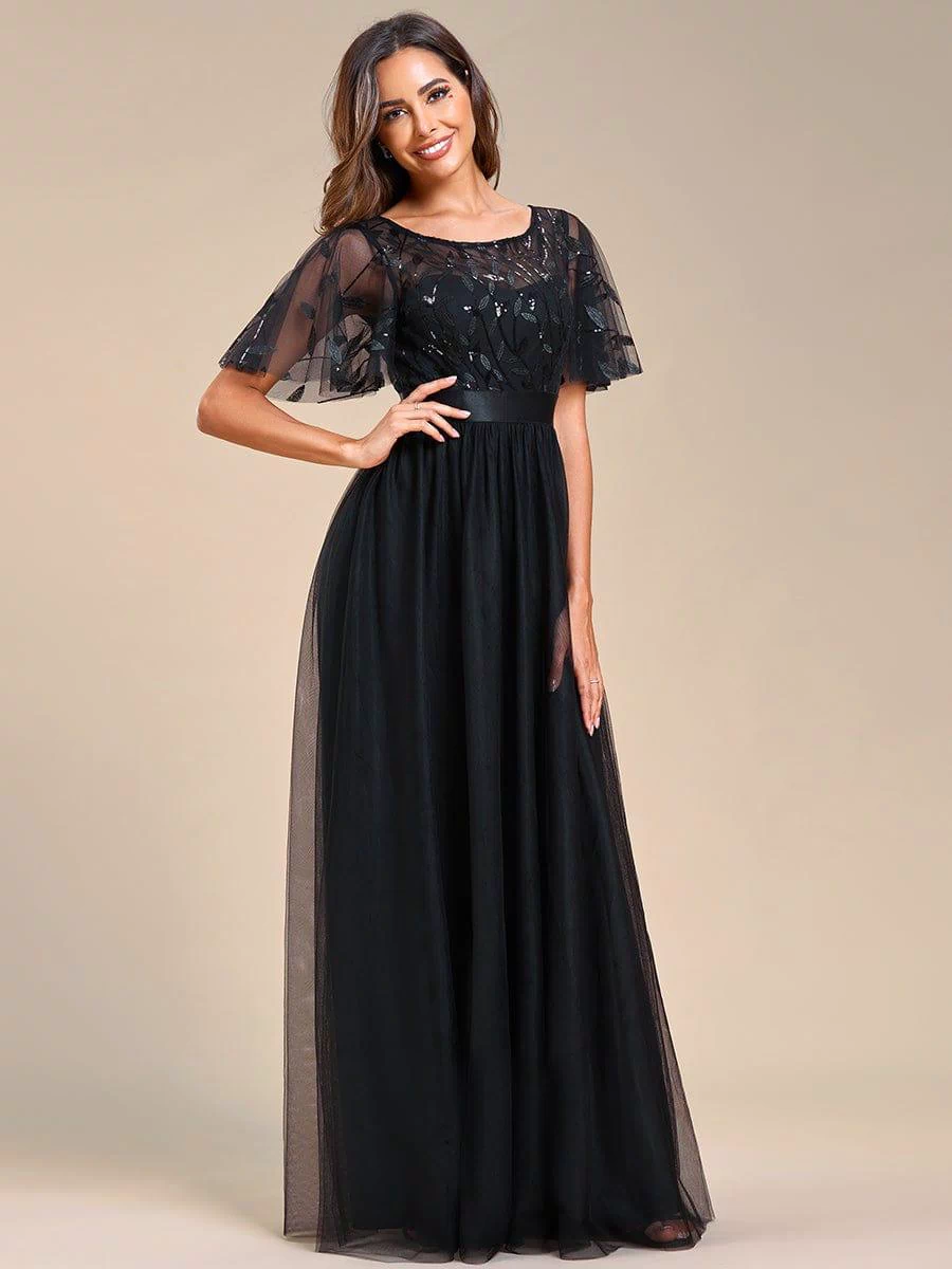 Women's A-Line Sequin Leaf Maxi Prom Dress with Sleeves #color_Black