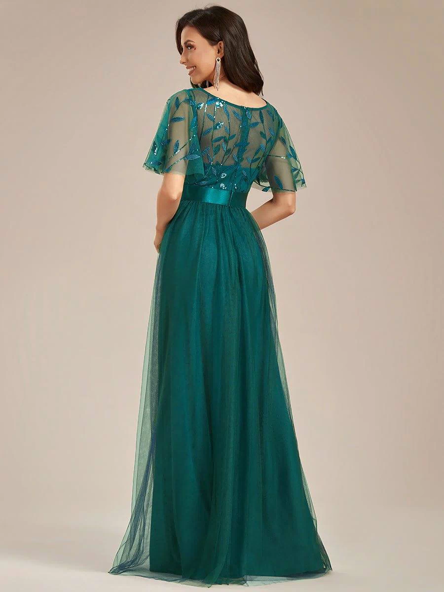 Women's A-Line Sequin Leaf Maxi Prom Dress with Sleeves #color_Teal